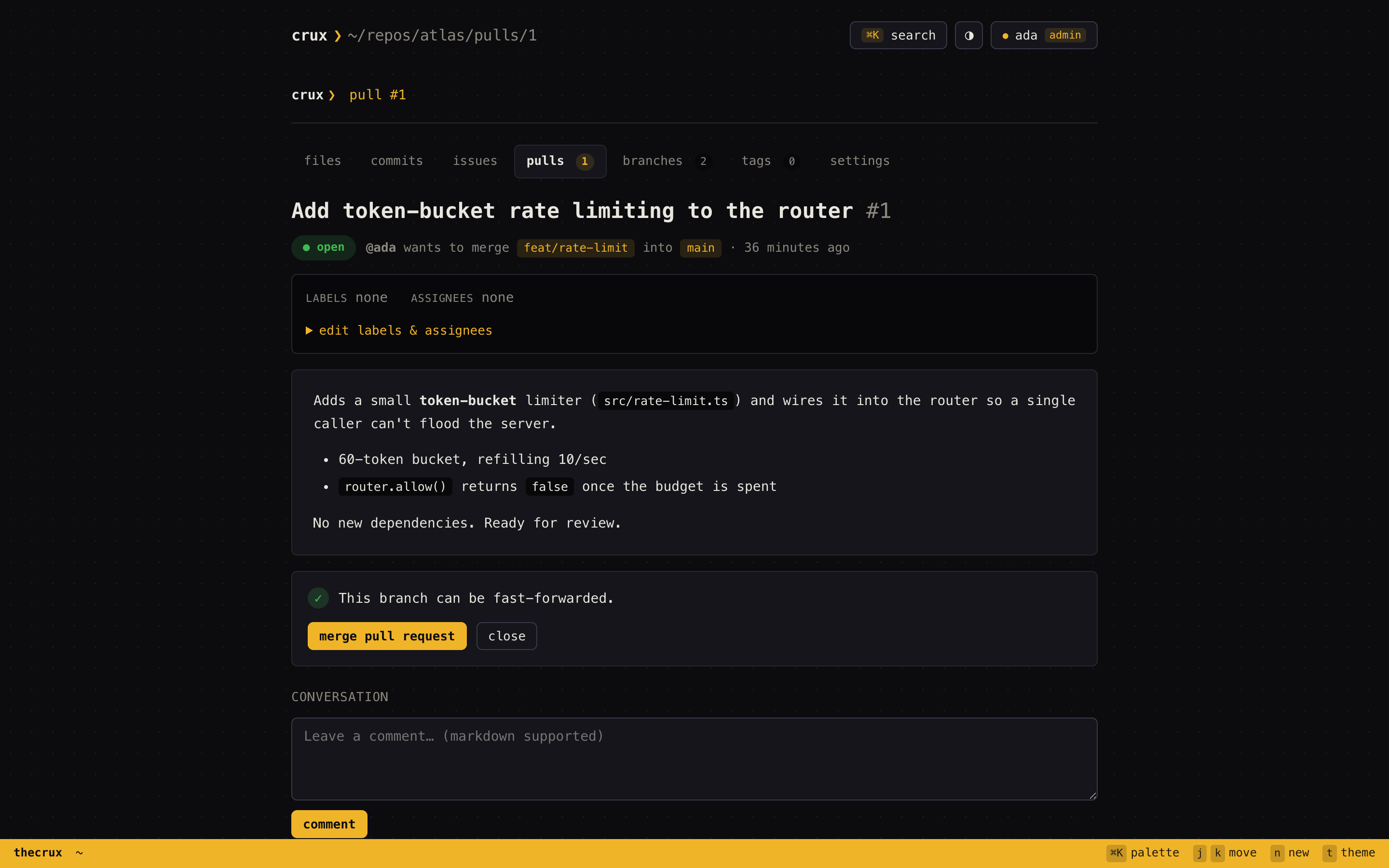 thecrux pull request page — description and merge box