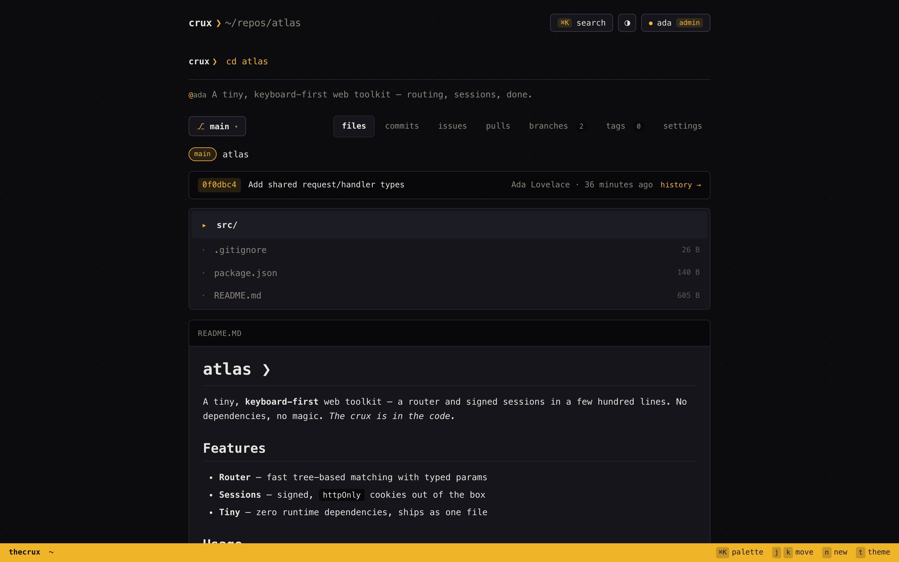 thecrux repository page — file tree and rendered README